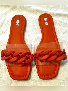 Mixit Orange Braided Chain-Link Clear Strap Slide Sandals